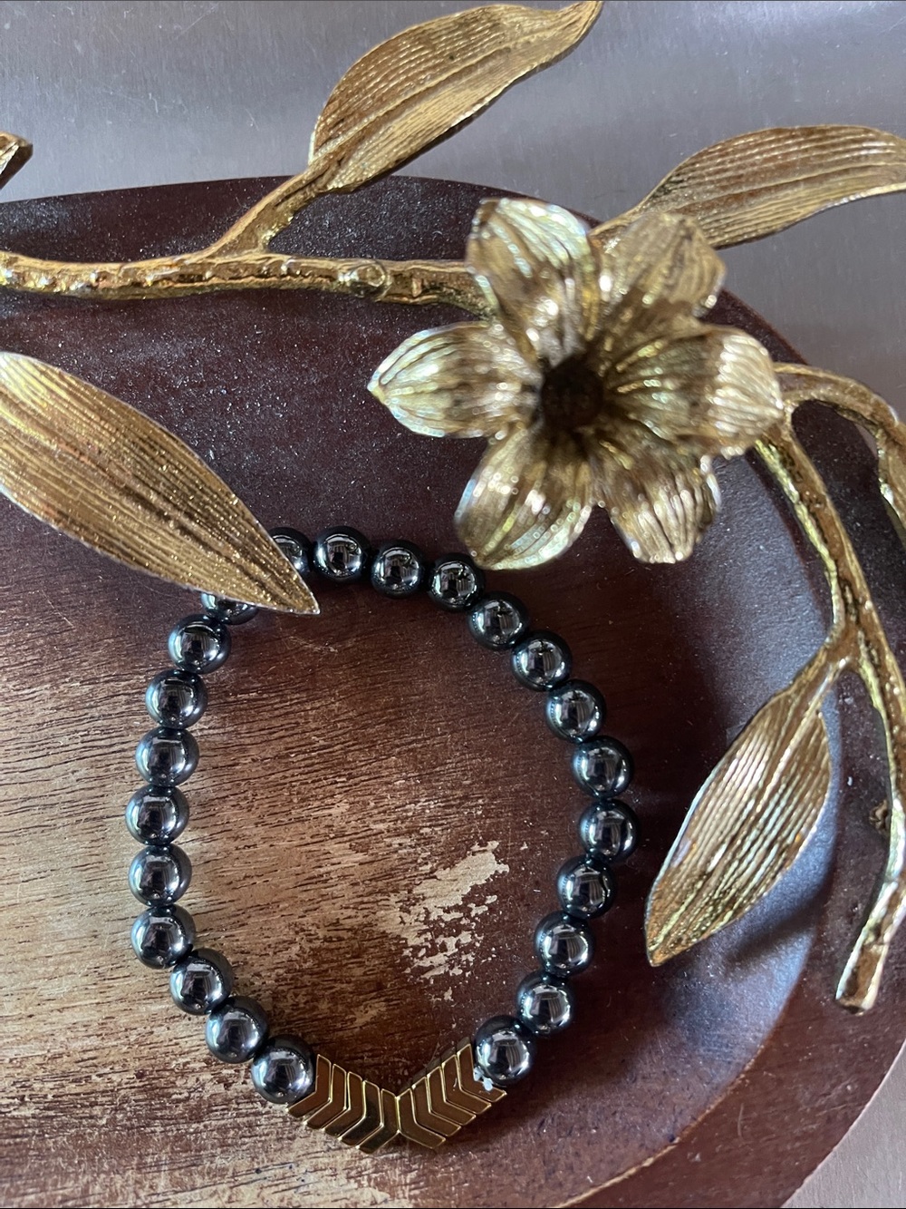 Hematite Bead Bracelet with Gold Chevron Accent - Women's Jewelry